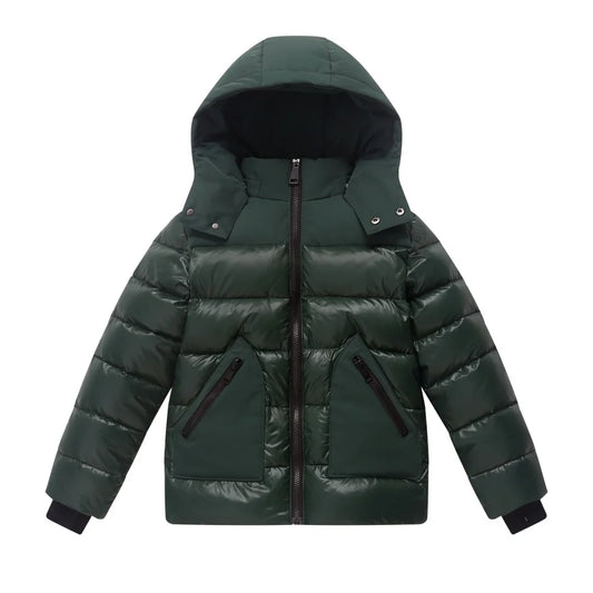 Green puffer jacket with a hood on a white background