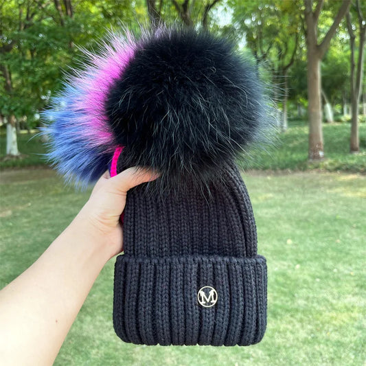 Pom Pom Raccoon Fur Hat - Black