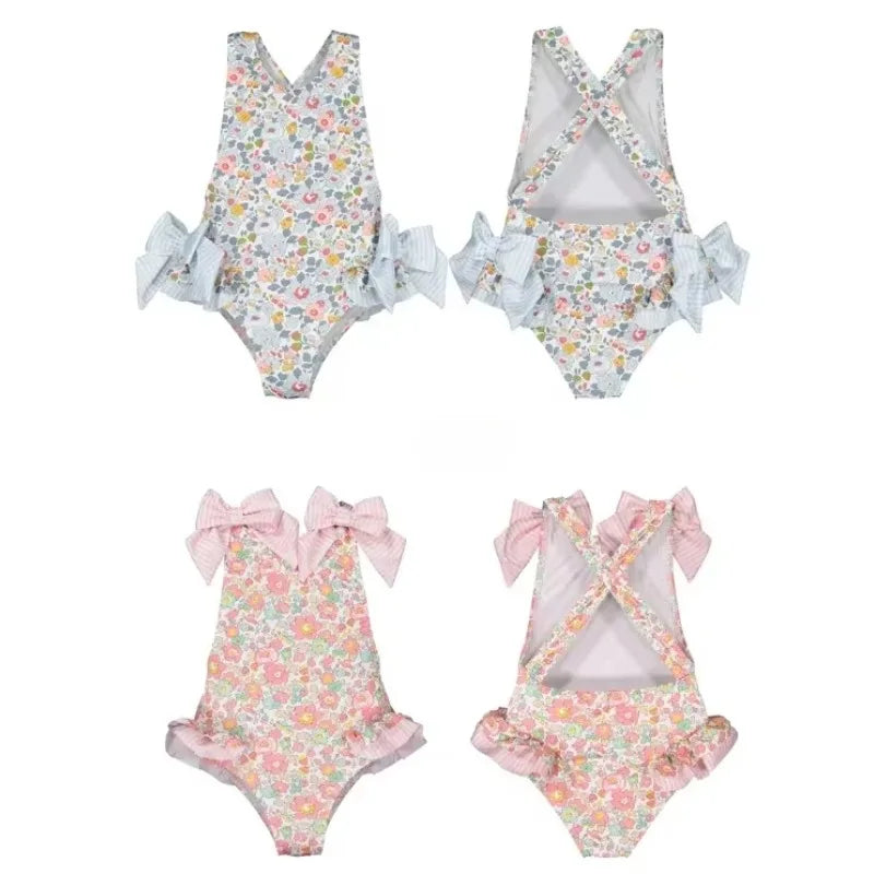 Girls Blue Floral Swimsuit with Bows & Crossover Back (2–7 Years) *Preorder