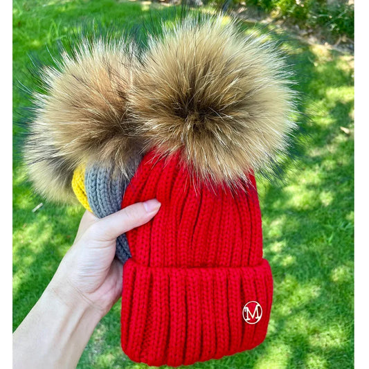 Pom Pom Raccoon Fur Hat - Red
