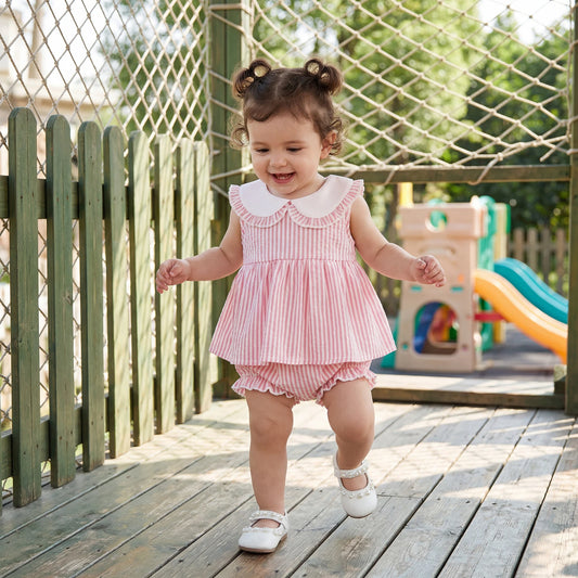 Pink striped baby girls Peter Pan bloomer set with sleeveless dress and matching shorts