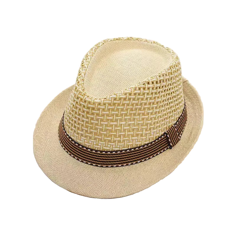 Beige straw hat with a brown band on a white surface