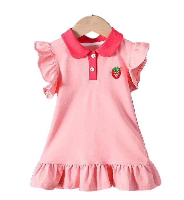 Pink polo dress with red collar, strawberry patch, button placket, ruffled skirt