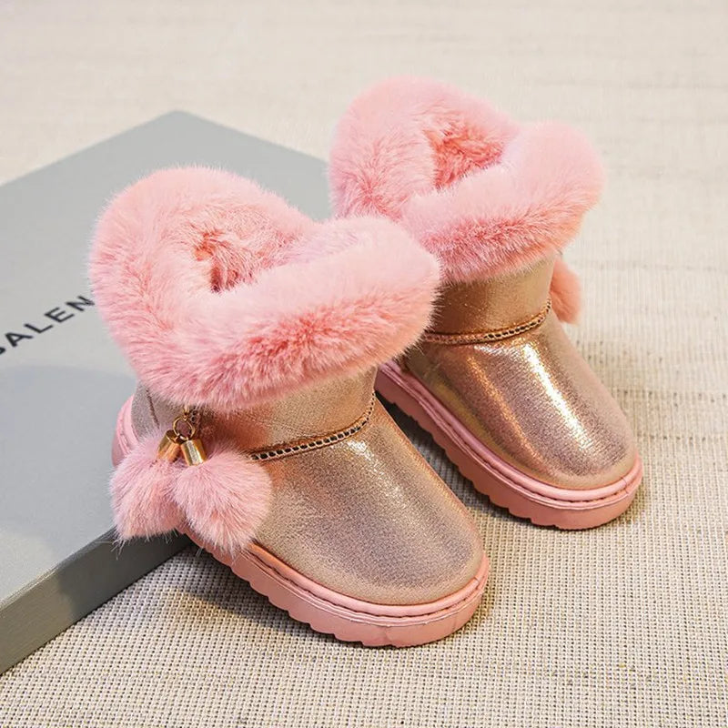 Girls Pink Faux Fur Pom Pom Boots