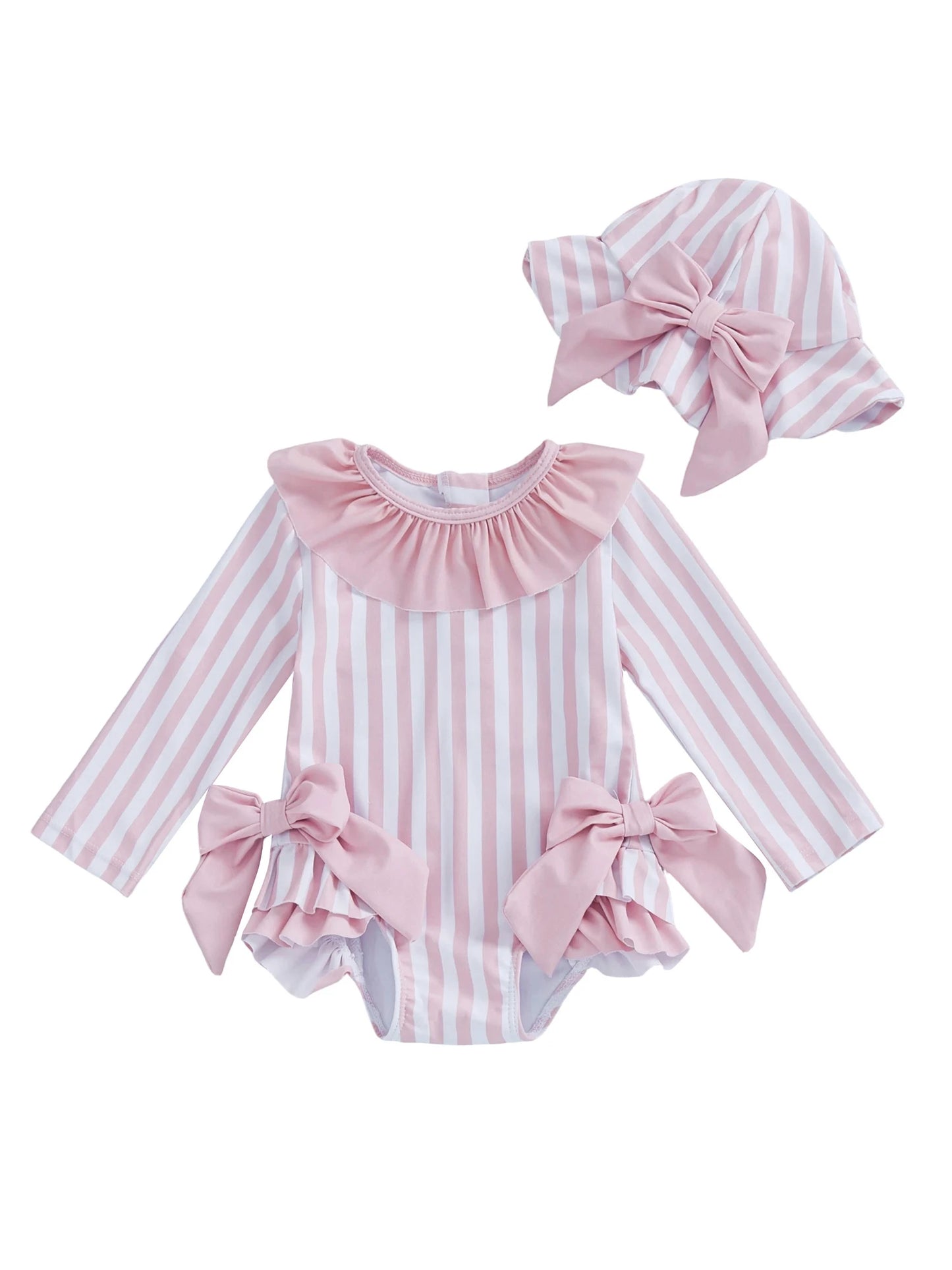 Baby Girls Long Sleeve Baby Pink Swimsuit & Hat | Summer Swimwear