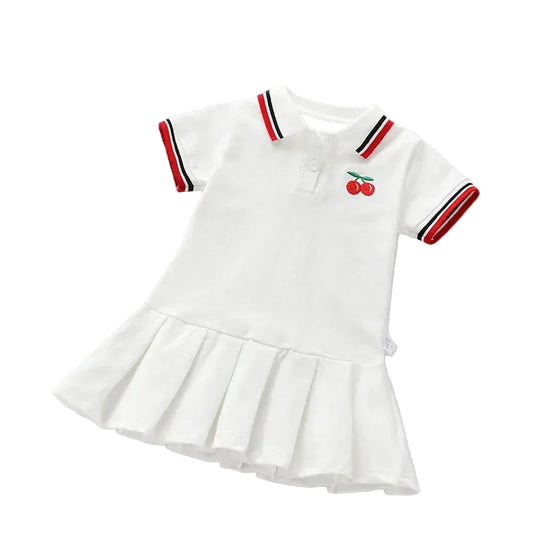 Girls white polo dress with cherry embroidery, striped collar and cuffs, pleated skirt