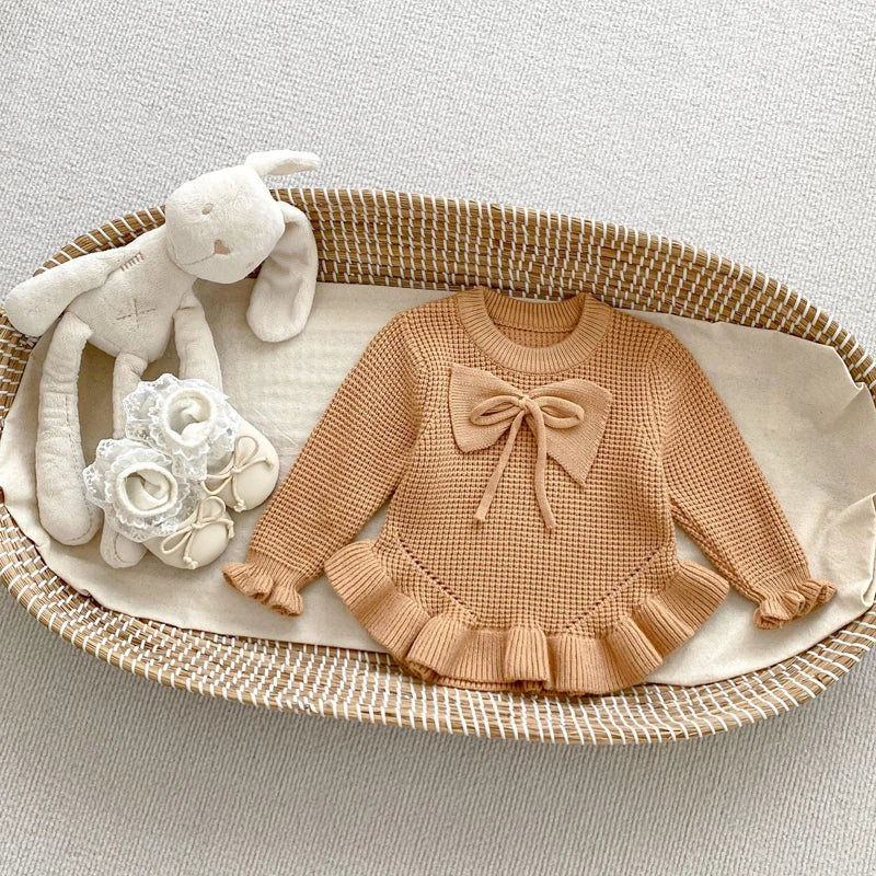 Girls knit pullover sweater with bow, long sleeves, camel