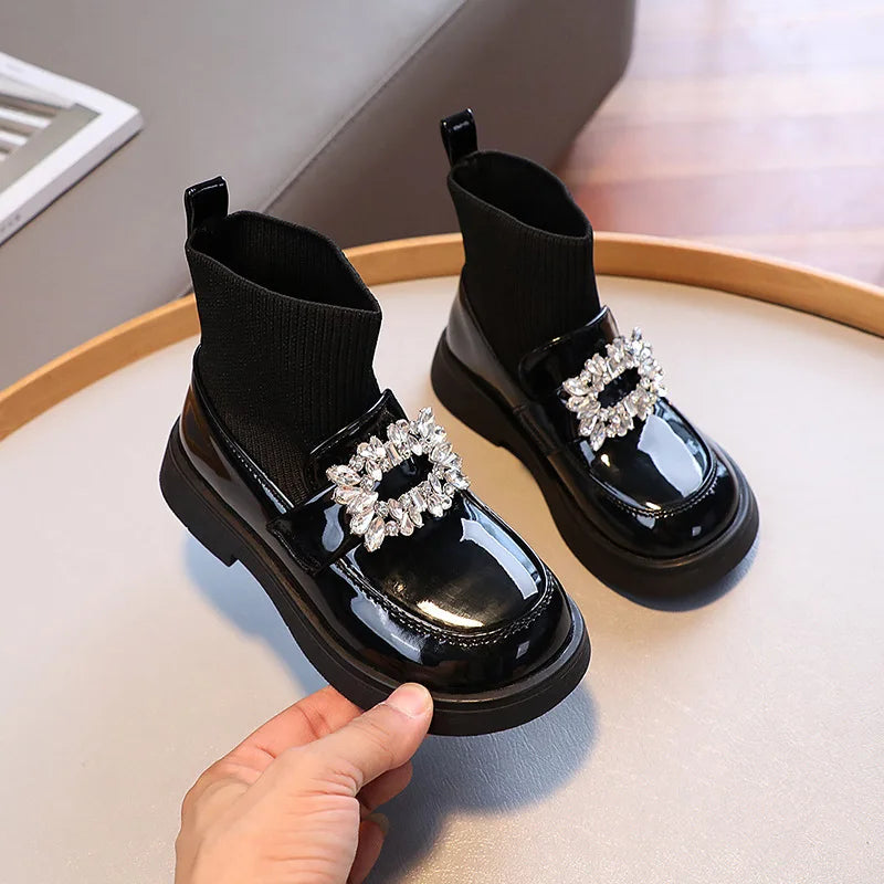Girls Black Patent Leather Chunky Silver Jewel Sock Boot