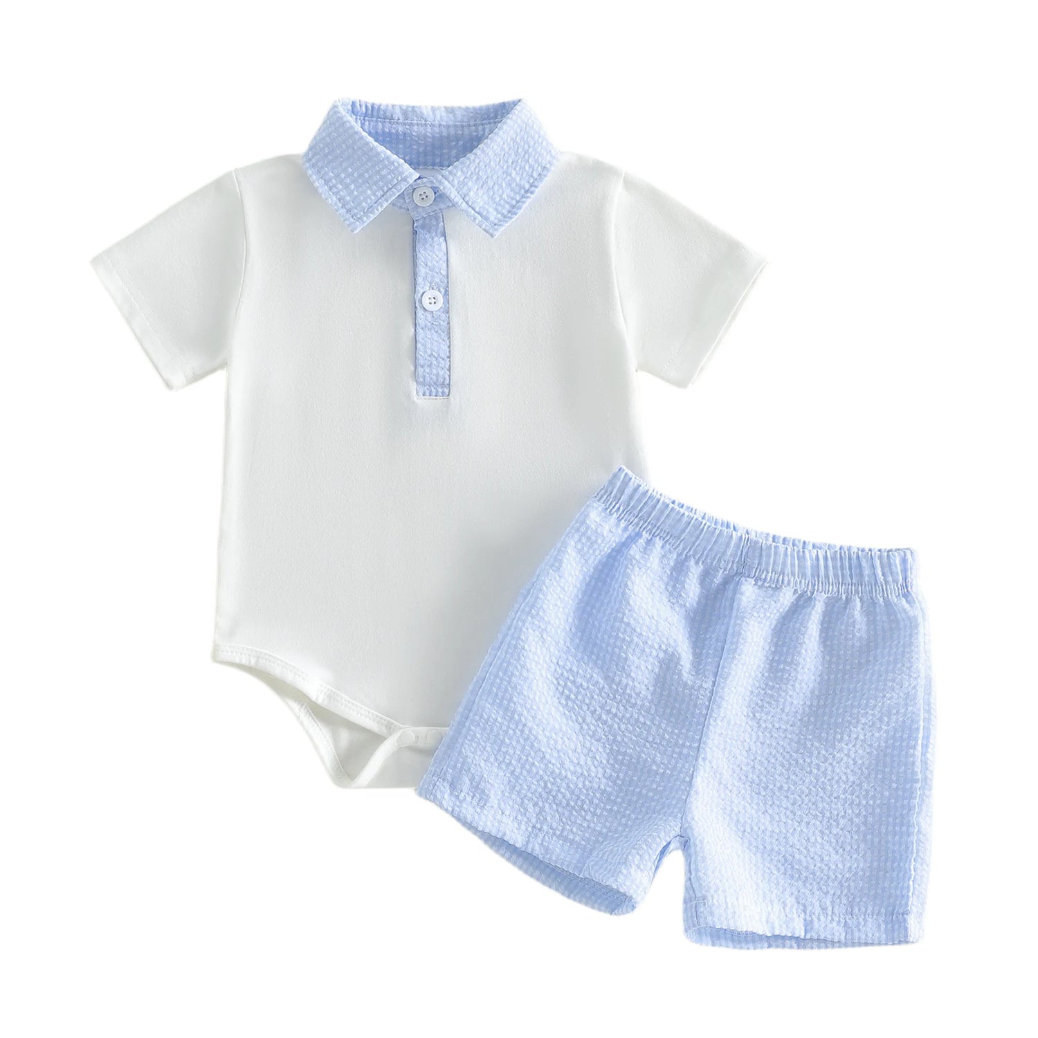 Baby polo bodysuit and shorts set with light blue collar and placket, white top, blue shorts