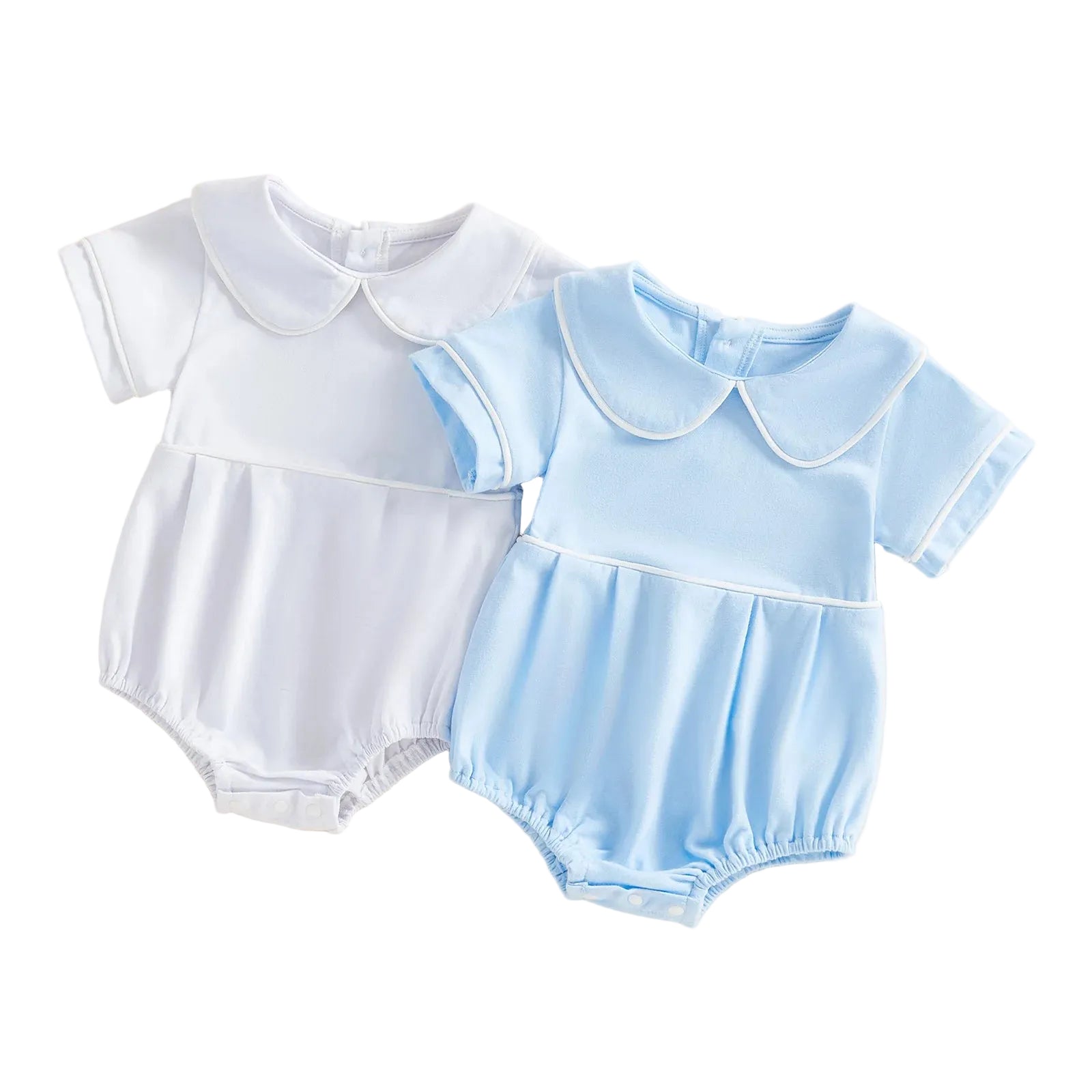 Two baby rompers, one white and one blue, on a beige background.