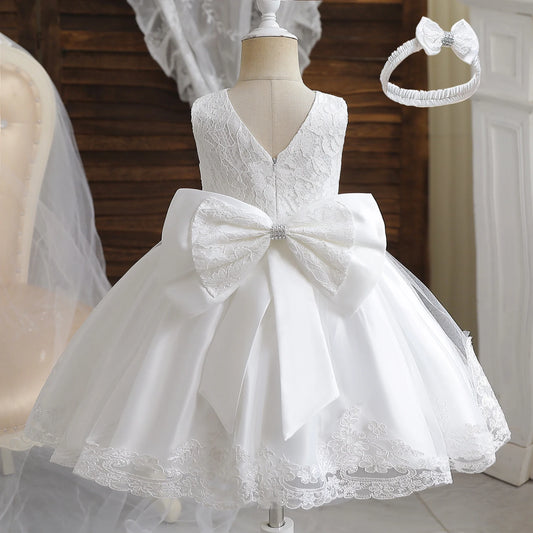 Girls White Sequin Christening Dress with Headband