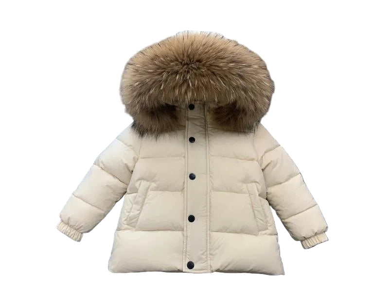 Winter Coat Off White Matt finish Natural Racoon fur Hood