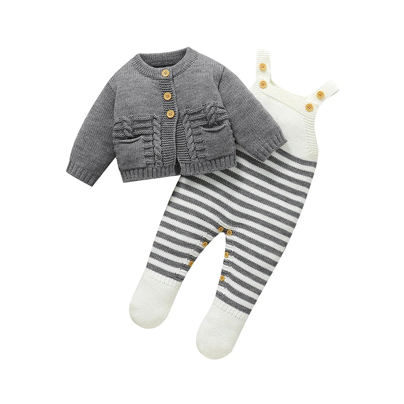 Two-piece baby set: gray knit cardigan with striped romper legs and buttons