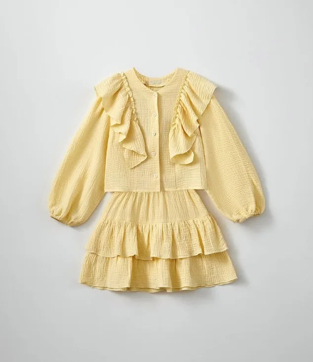 Lemon ruffled smock button shirt with gathered tiered skirt, kid set