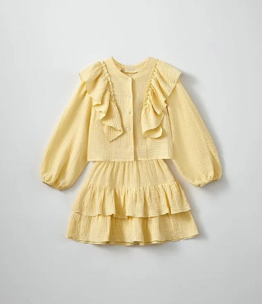 Lemon ruffled smock button shirt with gathered tiered skirt, kid set