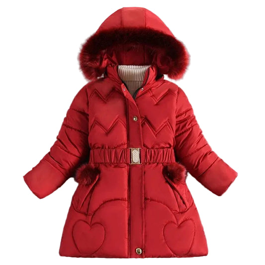 Girls' red faux-fur pom hooded puffer coat with belted waist and heart quilting