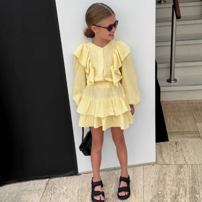 Lemon ruffle smock shirt and tiered skirt set for kids, long sleeves