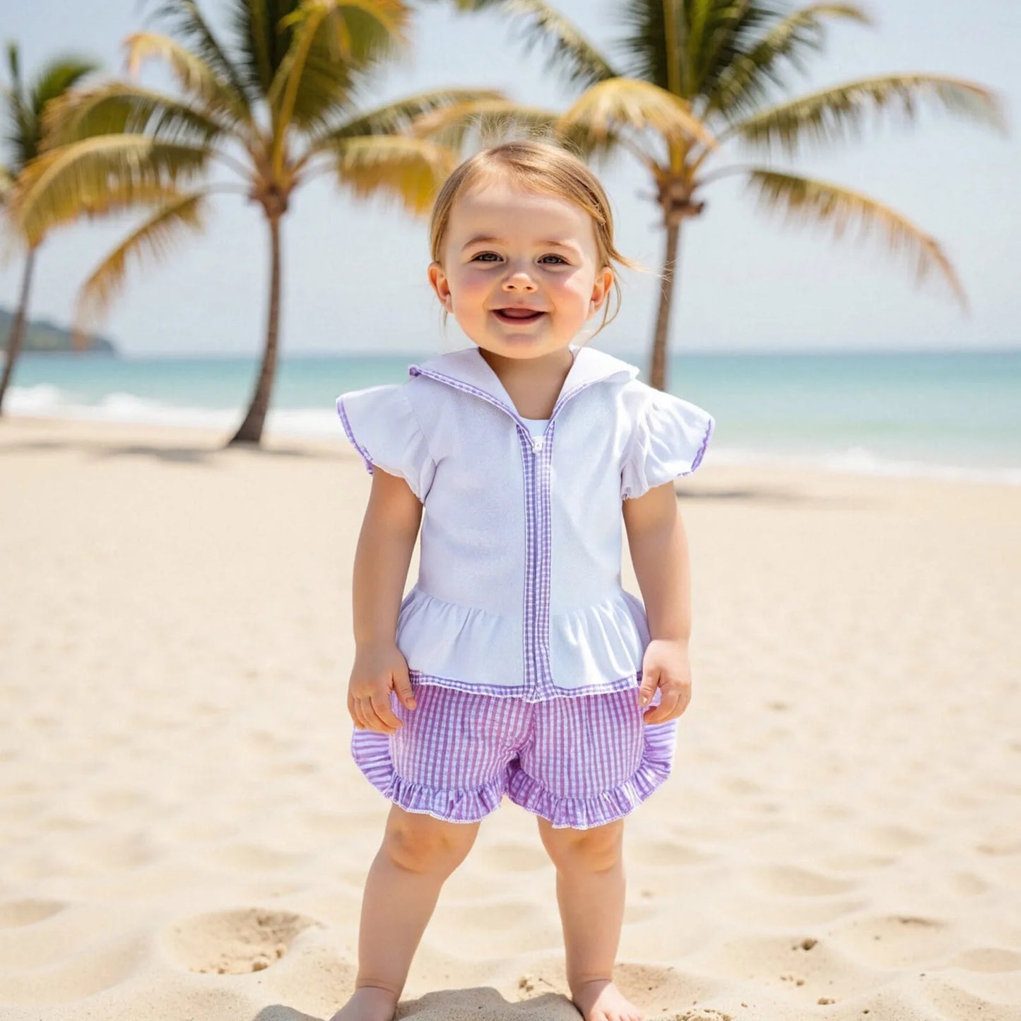 Girls’ Summer Beach Lilac Clothes Set – Short Sleeve Hood Top & Ruffled Plaid Shorts (1–5 Years) *Preorder