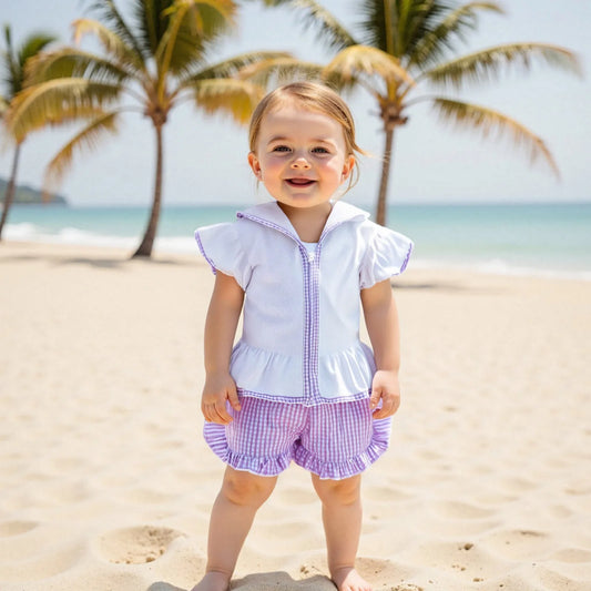 Girls’ Summer Beach Lilac Clothes Set – Short Sleeve Hood Top & Ruffled Plaid Shorts (1–5 Years) *Preorder