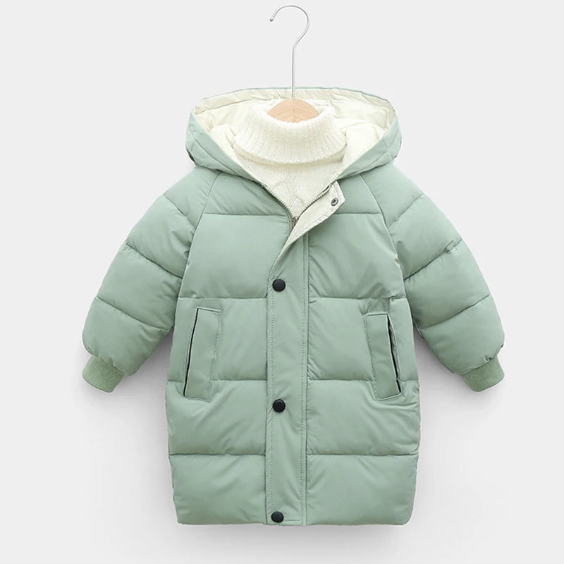 Light green hooded puffer coat with snap front and front pockets