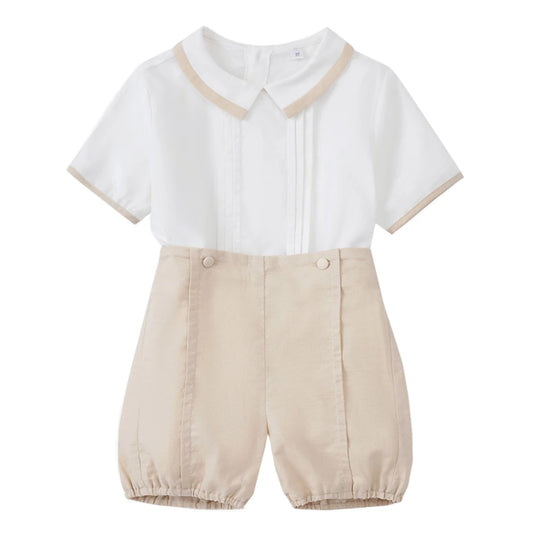 Classic boys stone and white short set with Peter Pan collar and tailored shorts. Perfect for special occasions and timeless styling.