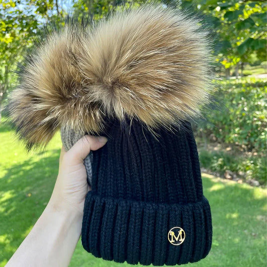 Pom Pom Raccoon Fur Hat - Black