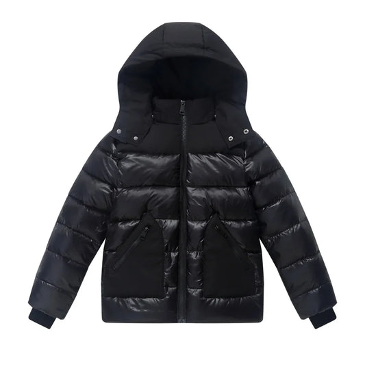 Black puffer jacket with a hood on a white background