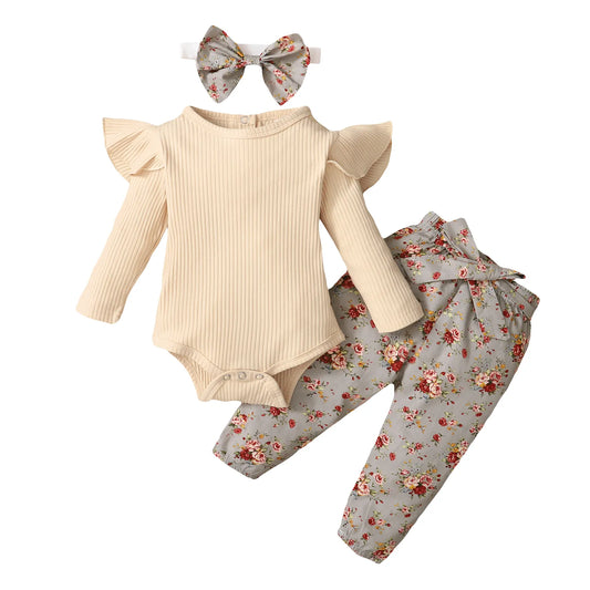 Baby Girl Frill Body Suit & Pants Set - Stone Floral *