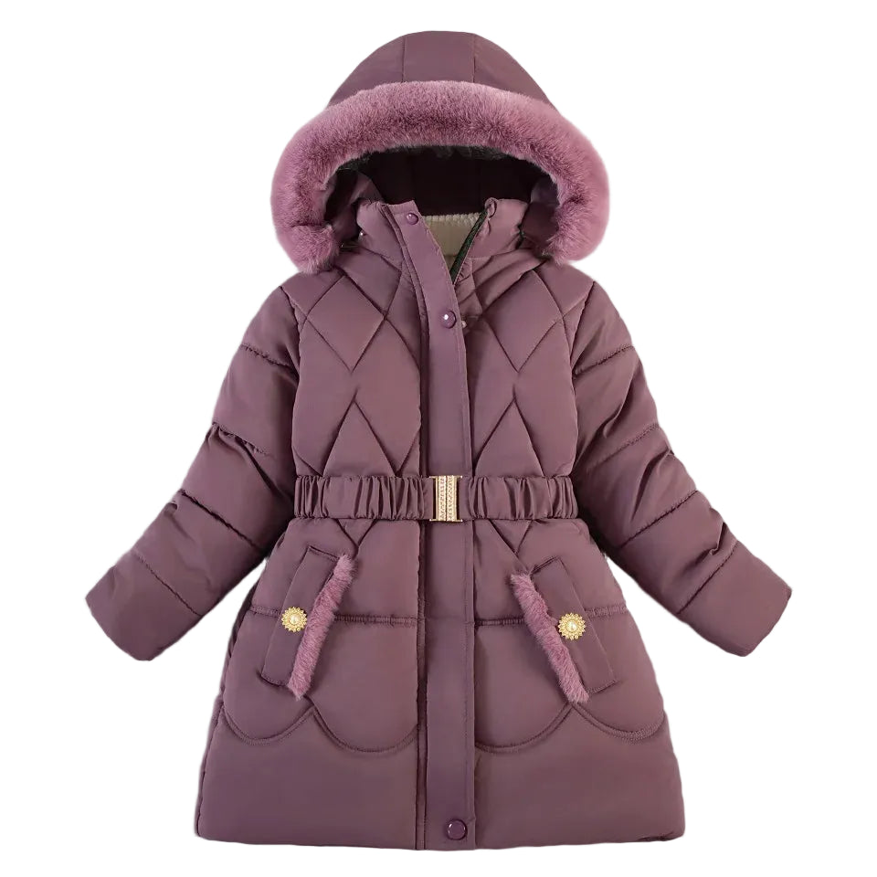 Girls plum hooded puffer coat with faux-fur trim, belted waist, quilted design, pockets