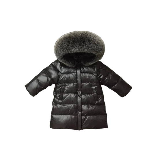 Kids puffer coat with fur-trim hood, long sleeves, black insulated winter coat
