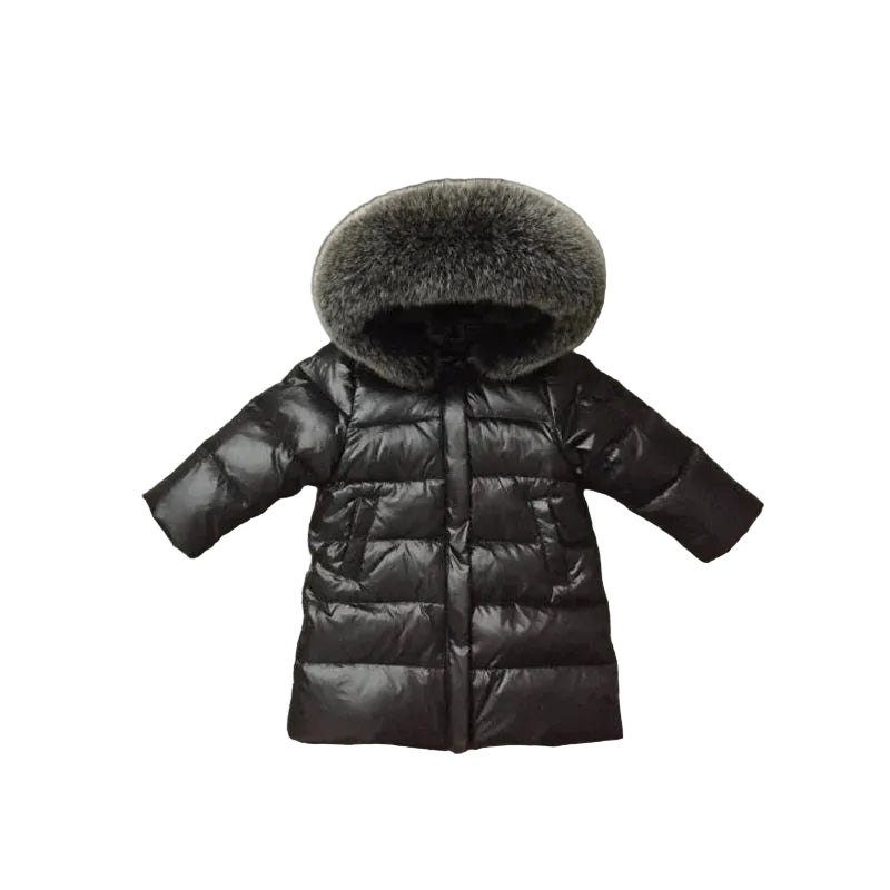 Kids puffer coat with fur-trim hood, long sleeves, black insulated winter coat