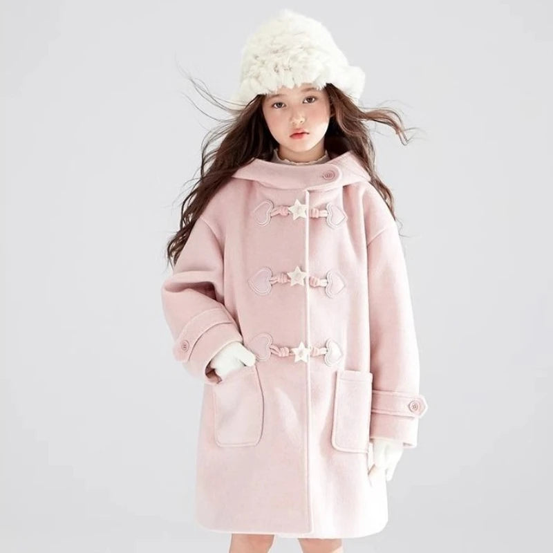 Kids light pink hooded winter coat with button toggle closures and two front pocket details