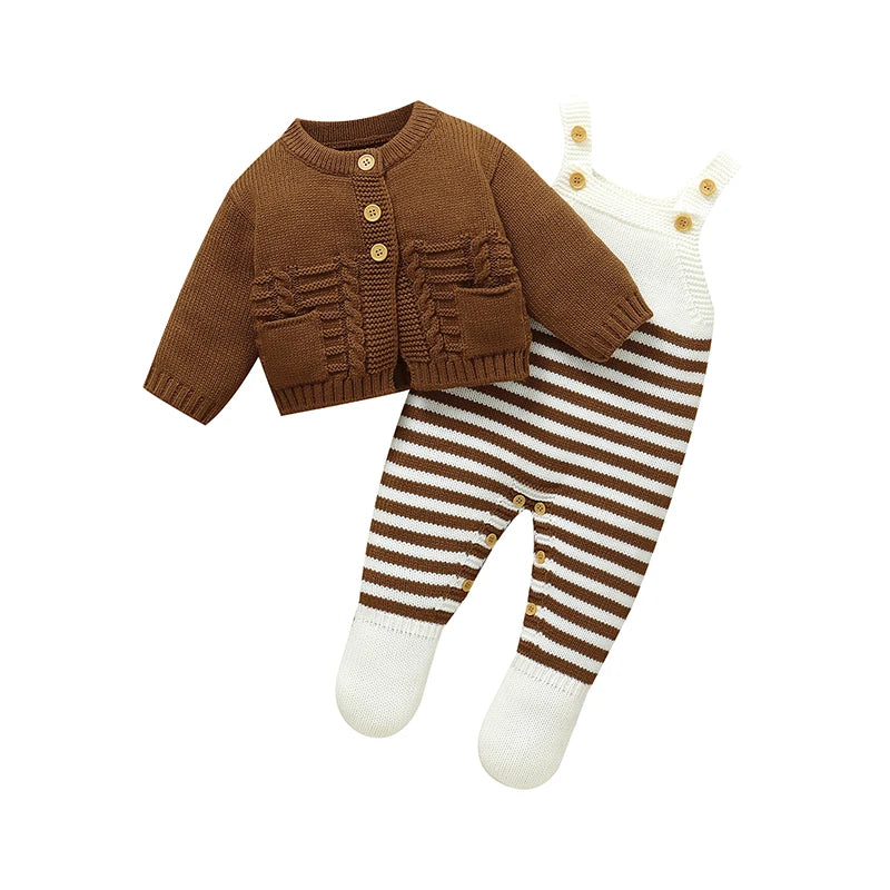 Two-piece baby set: brown knit cardigan with striped romper legs and buttons