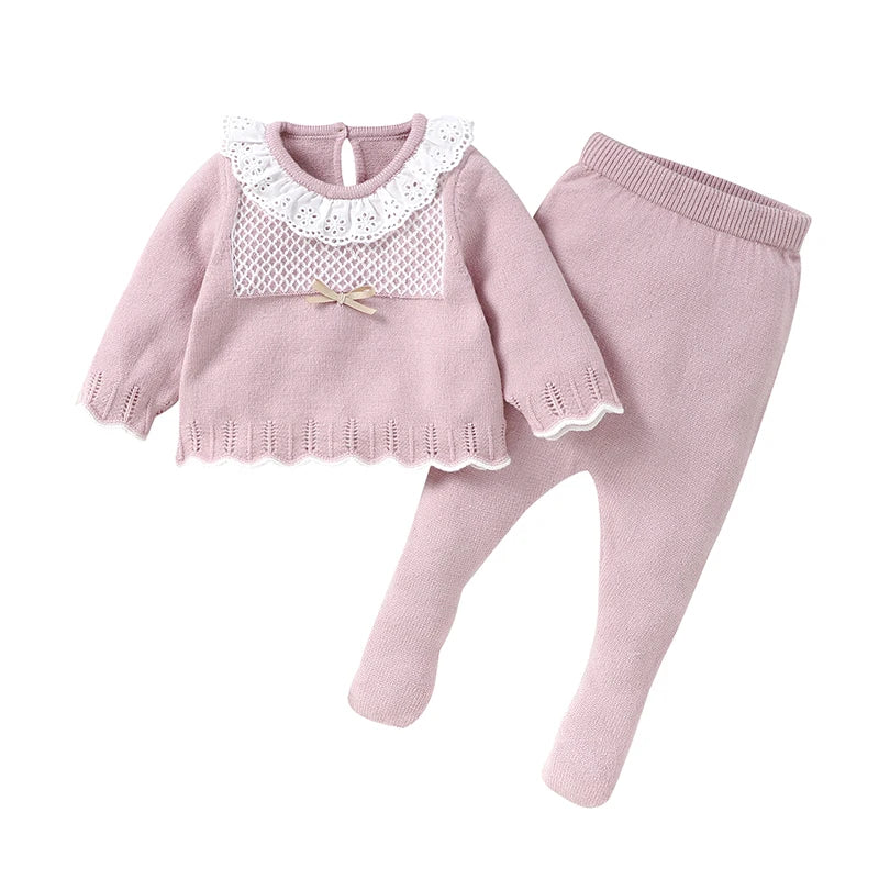 Baby girls knit sweater and pants set in light purple, lace ruffle collar