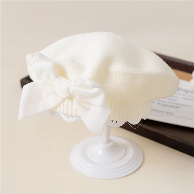 Girls Beret Hat Velvet Bow White
