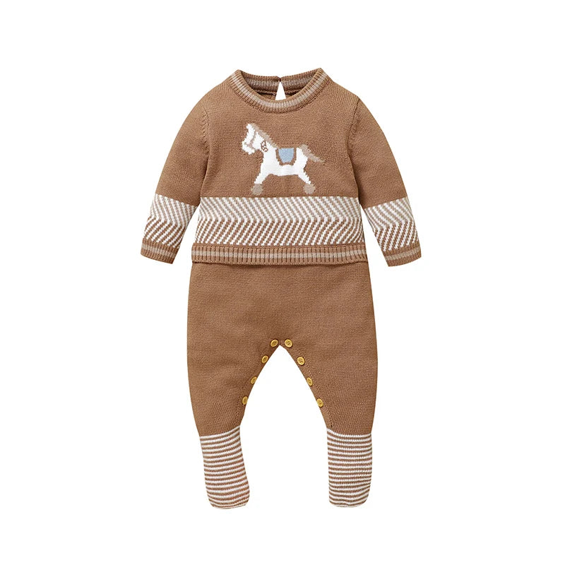 Coffee brown long-sleeve baby romper with horse graphic and striped cuffs