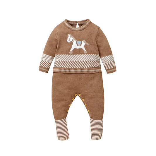 Coffee brown long-sleeve baby romper with horse graphic and striped cuffs