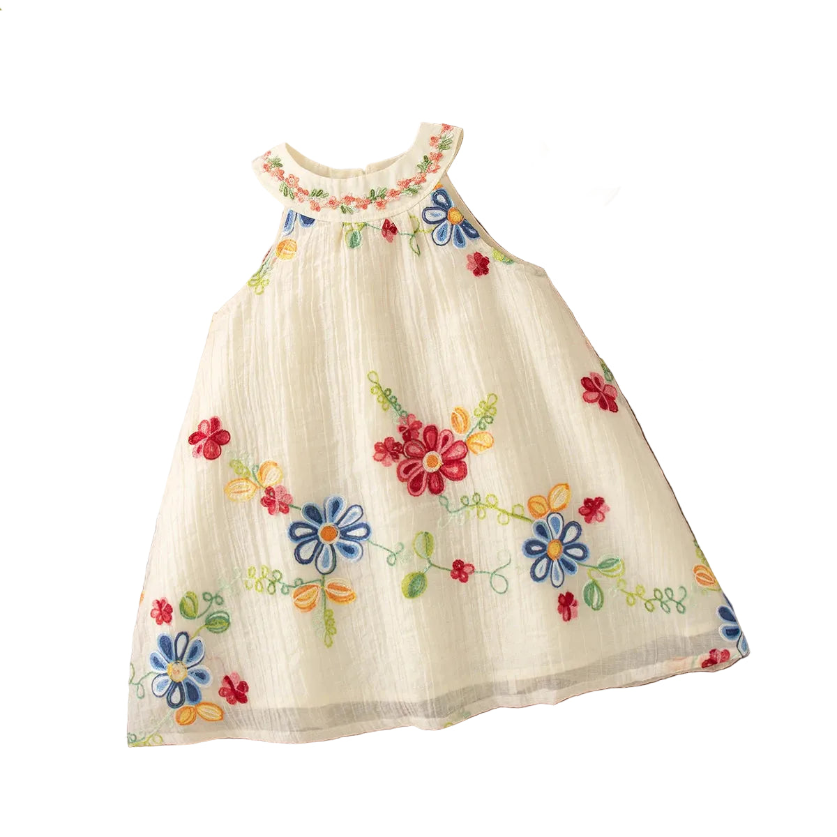 Cream sleeveless toddler dress with multicolor floral embroidery all over