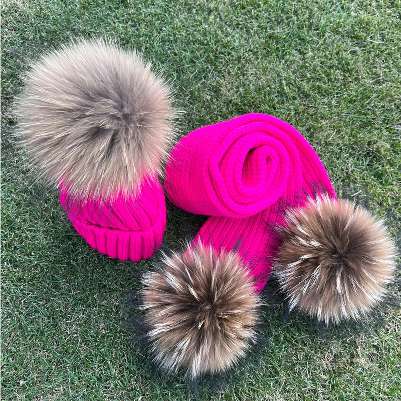 Fuchsia knit pom pom hat and scarf set with gray fur pom poms