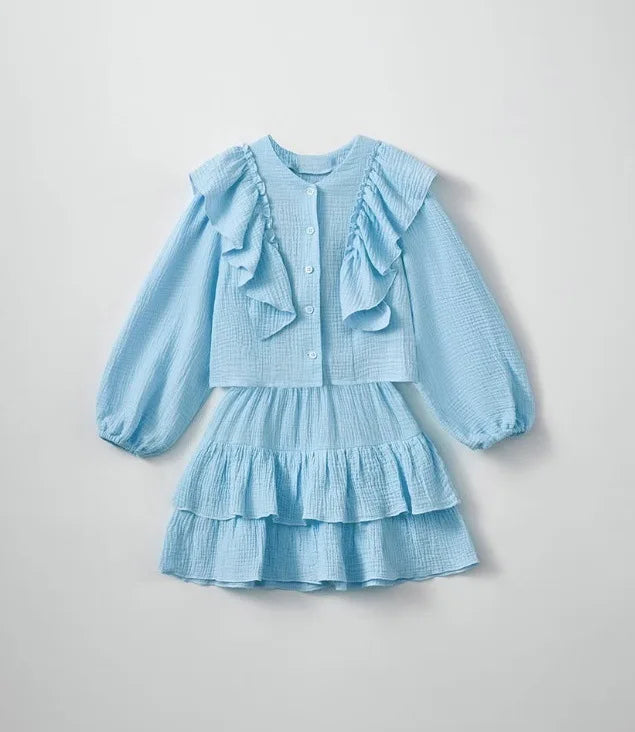 Powder blue ruffle smock shirt and tiered skirt set, long puff sleeves
