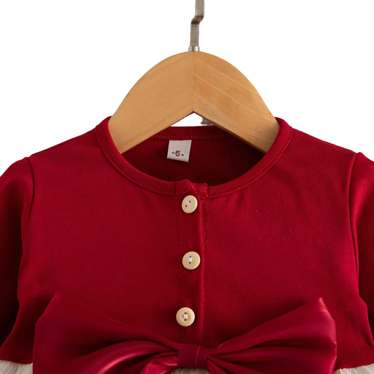Red long-sleeve baby dress with button placket and round neckline detail