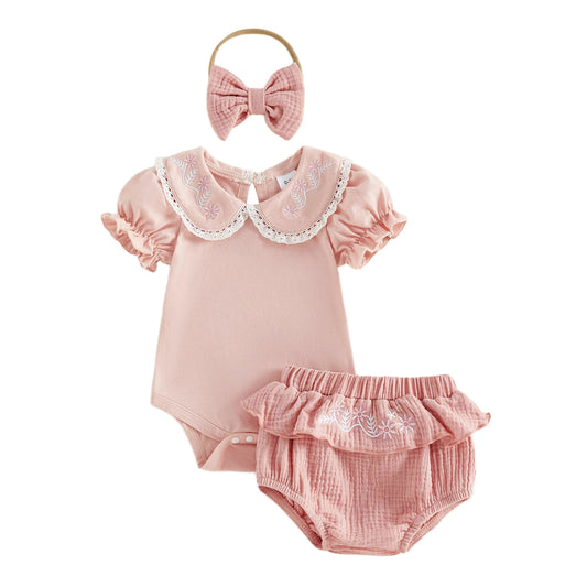 Baby girls pink embroidered collar bodysuit with muslin bloomers and bow headband set