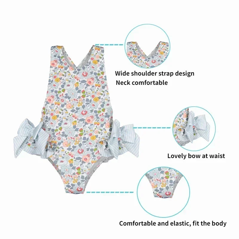 Girls Blue Floral Swimsuit with Bows & Crossover Back (2–7 Years) *Preorder