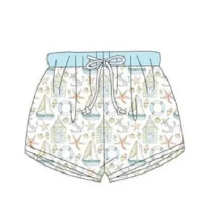 Nautical boys swim shorts with light blue drawstring, all-over sea icons pattern