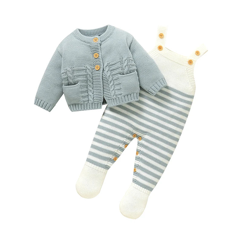 Two-piece baby set: light blue knit cardigan with striped romper legs and buttons
