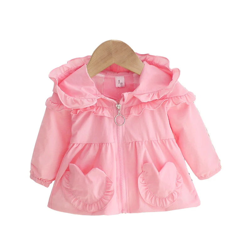 Pink hooded baby jacket with frilled collar, full-zip, and heart patch pockets