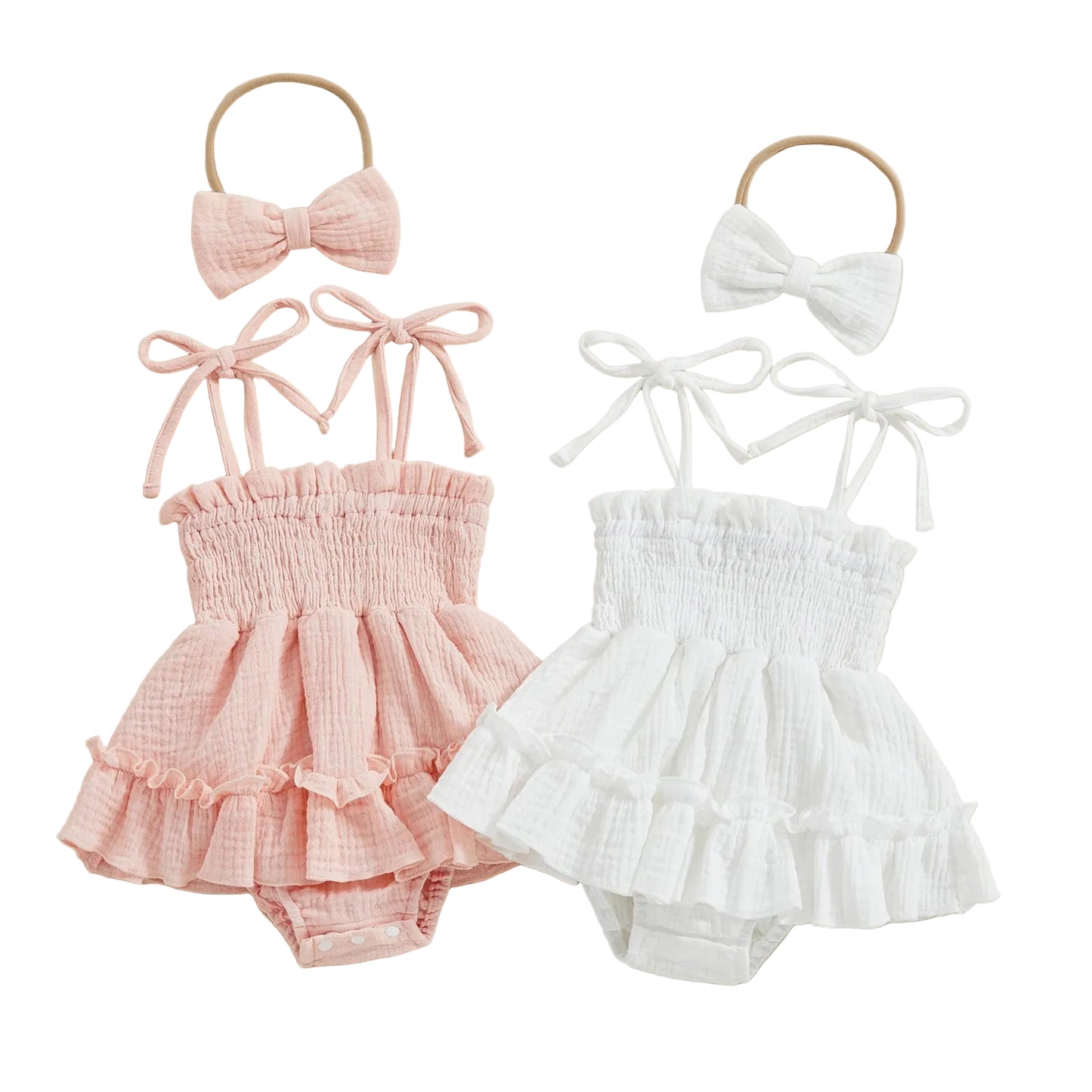 Pink and white baby rompers with matching headbands on a beige background