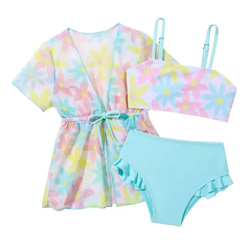 Girls Aqua Floral Swim Set & Cover-Up | Toddler Swimwear 1–3 Years *Preorder