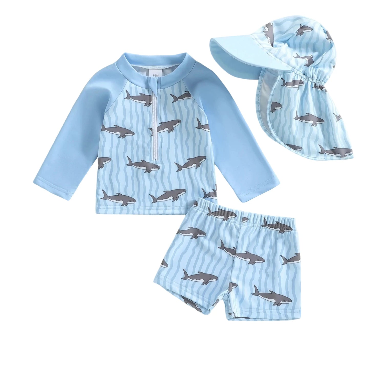 Children's shark-themed swimsuit set with a hat on a white background