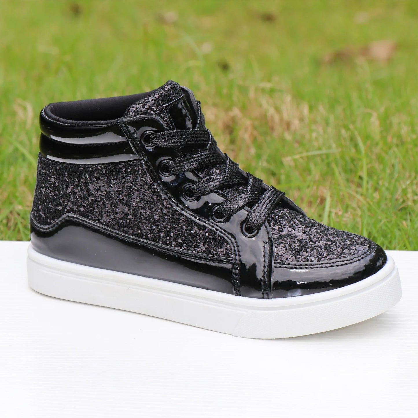 Girls Black Glitter High Top Boots